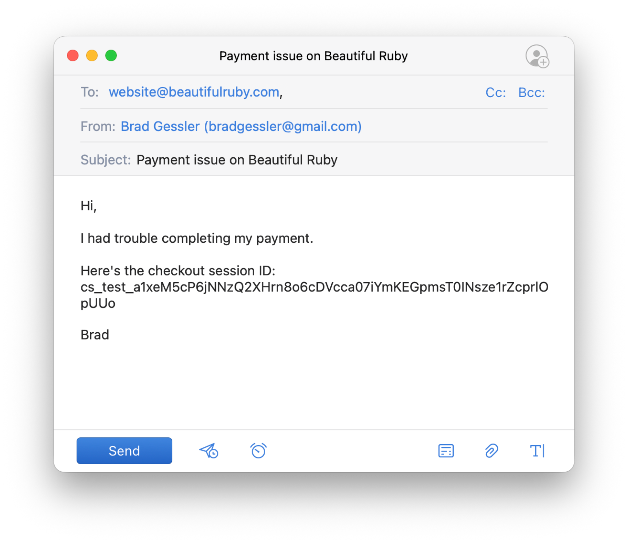Email client window showing the message generated from Supermail code